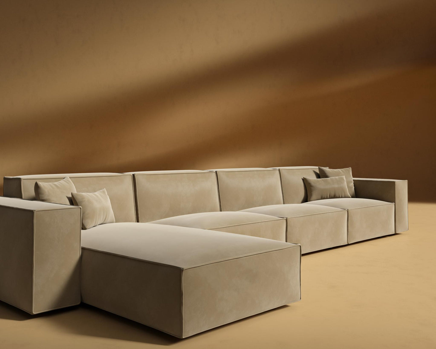 Porter Extended Sectional - Black Feet, Plush Velvet - Dune, Left-Hand-Facing