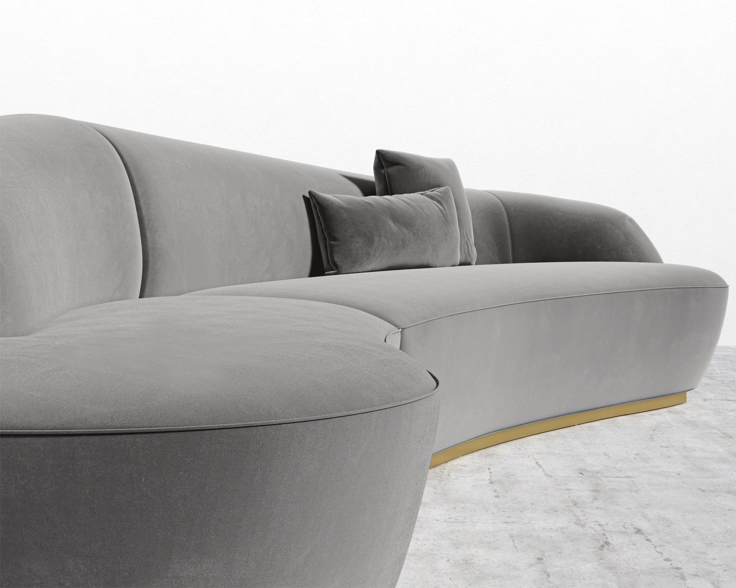 Reya Curved Sectional - Brushed Brass - Grand Curved, Curved Chaise Left, Plush Velvet - Glacier Grey