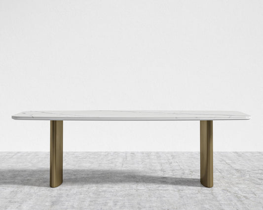 Solana Dining Table - 71" | 180cm, White Calacatta Ceramic, Antique Brushed Brass - Solana