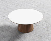 Winston Coffee Table - High gloss white lacquer with clear glass top, 36" | 91cm, Walnut Veneer