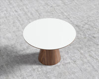 Winston Dining Table - 48" - High gloss white lacquer with clear glass top, 48" | 122cm, Walnut Veneer