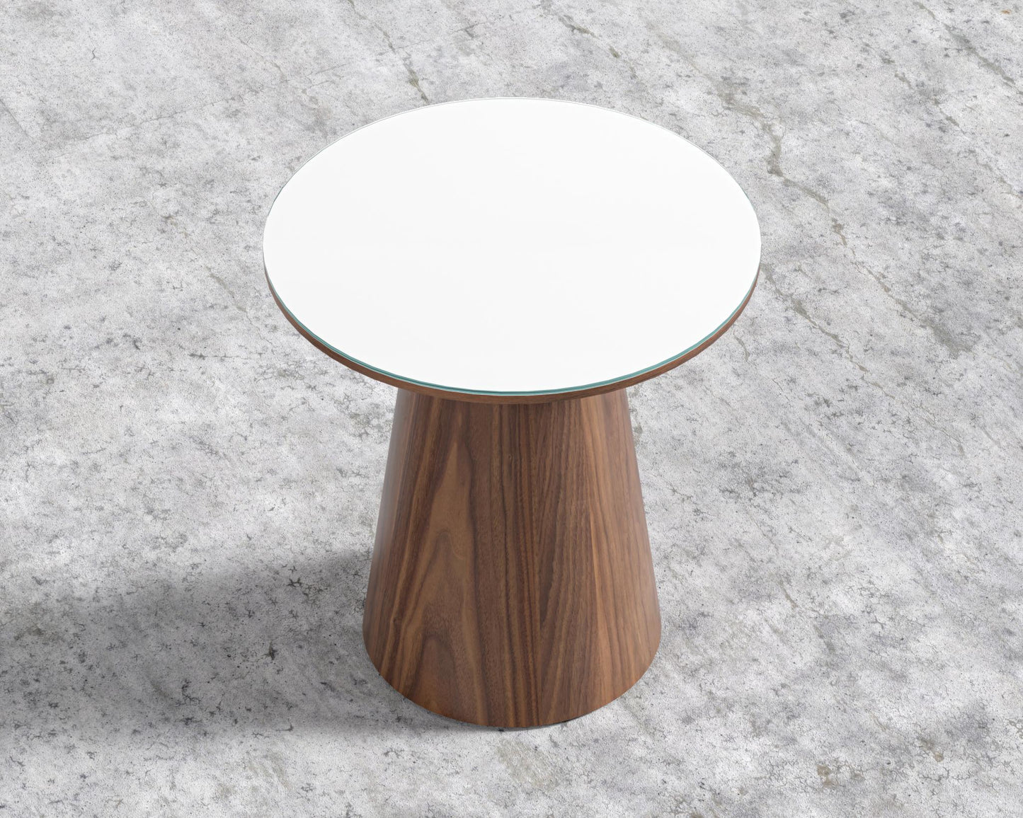 Winston Side Table - High gloss white lacquer with clear glass top, 19", Walnut Veneer