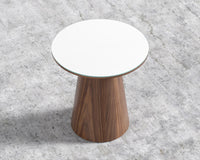 Winston Side Table - High gloss white lacquer with clear glass top, 19", Walnut Veneer