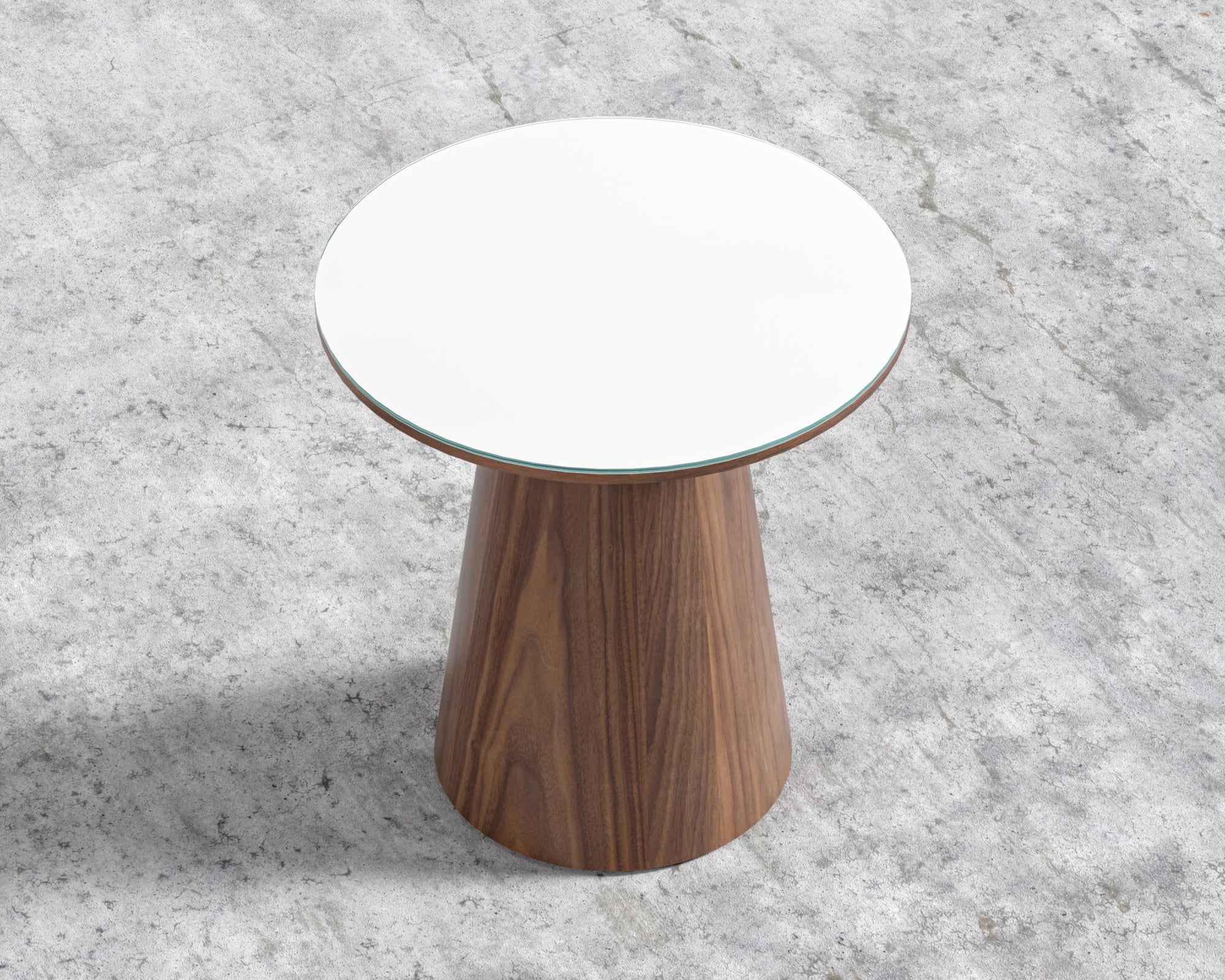 Winston Side Table - High gloss white lacquer with clear glass top, 19", Walnut Veneer