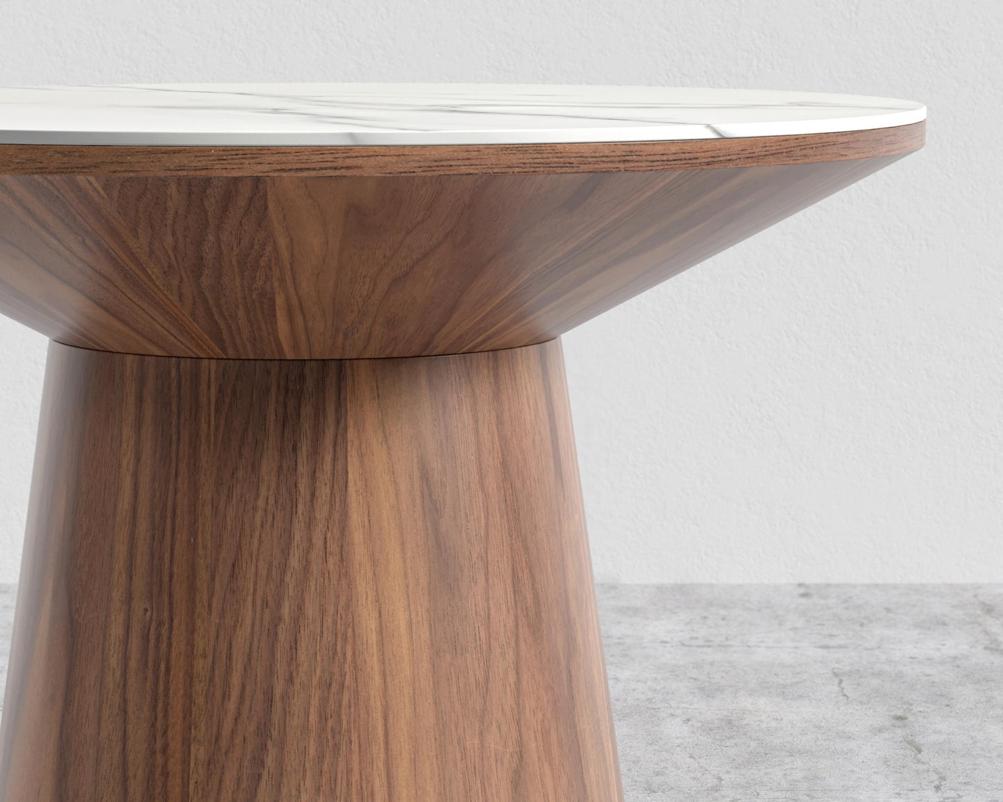 Winston Side Table - 19", White Calacatta Ceramic, Walnut Veneer