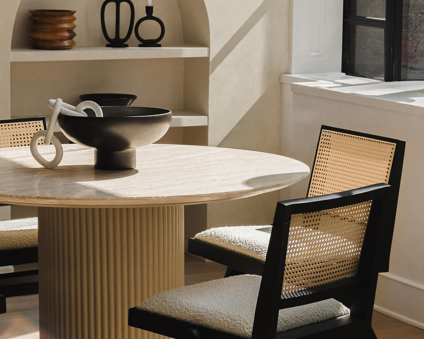 Athena Dining Table with Javert Side Chairs in peal boucle